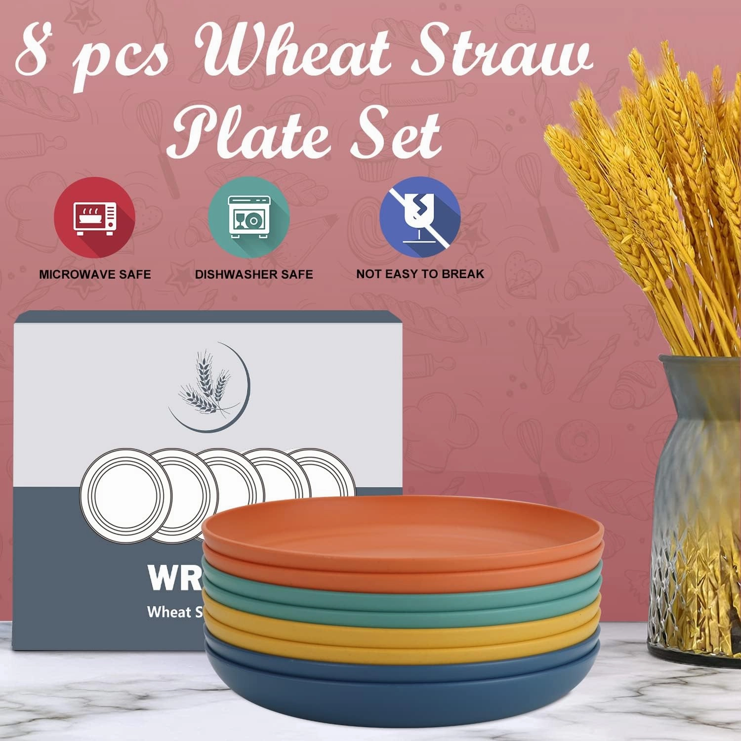 Wheat Straw Plates - 9 Inch Unbreakable Dinner Plates Set of 8 - Dishwasher & Microwave Safe Plastic Plates Reusable - Lightweight Plates for kitchen,camping (Colorful Series)