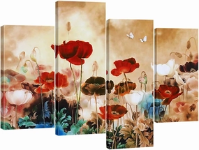 Wieco Art Blooming Poppies Large Colorful Flowers Canvas Prints Wall Art Floral Giclee Pictures Paintings for Living Room Bedroom Home Decorations Modern 4 Panels Stretched and Framed Artwork XL