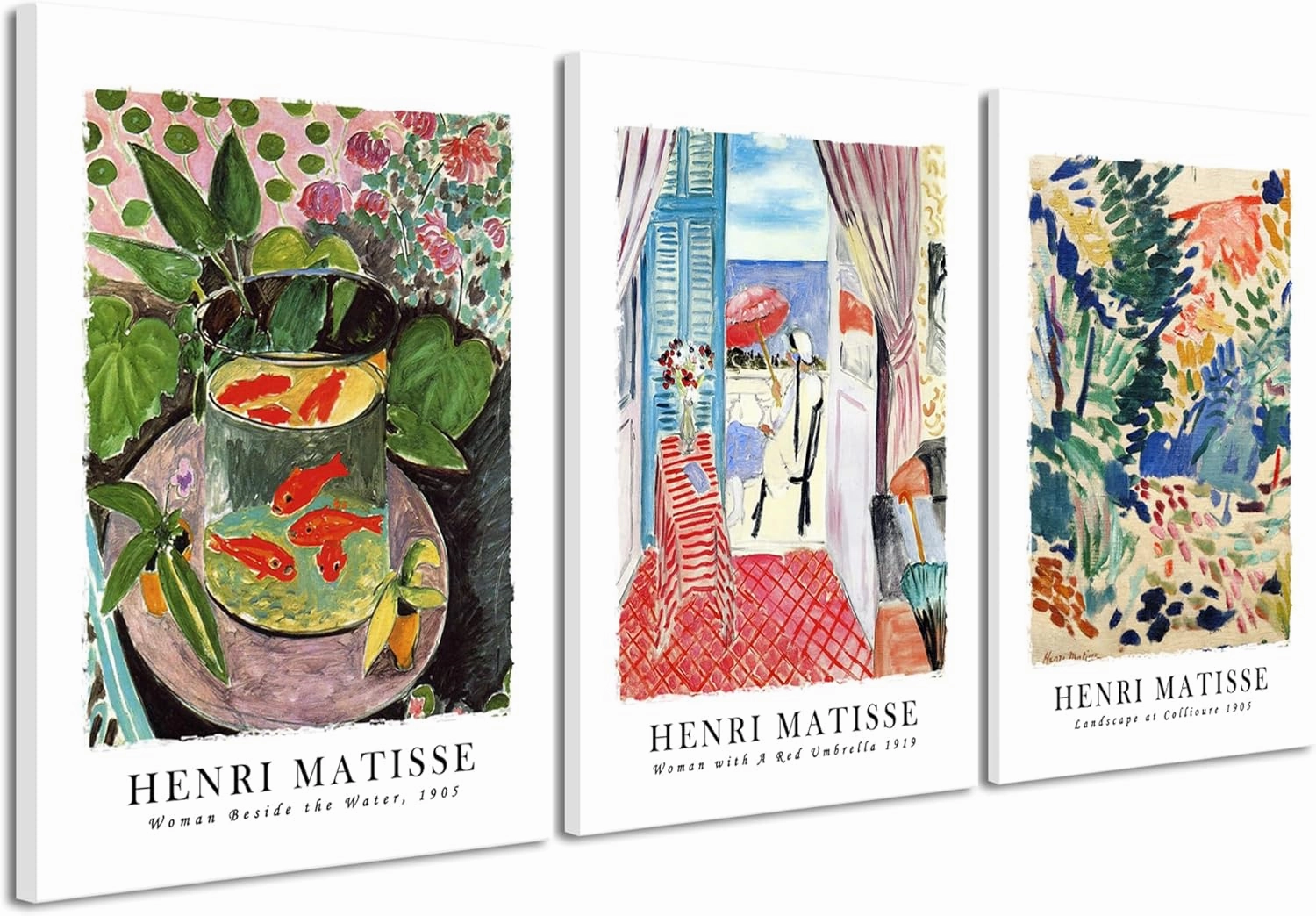 Wieco Art Large Canvas Wall Art 3 Piece Henri Matisse Aesthetic Posters Woman with A Red Umbrella Goldfish Landscape at Collioure Matisse Prints Posters for Wall and Home Decorations