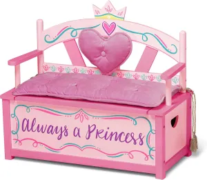 Wildkin Kids Princess Wooden Storage Bench – Toy Box Seat for Girls with Safety Hinge, Padded Backrest & Cushion, Handles - Pink