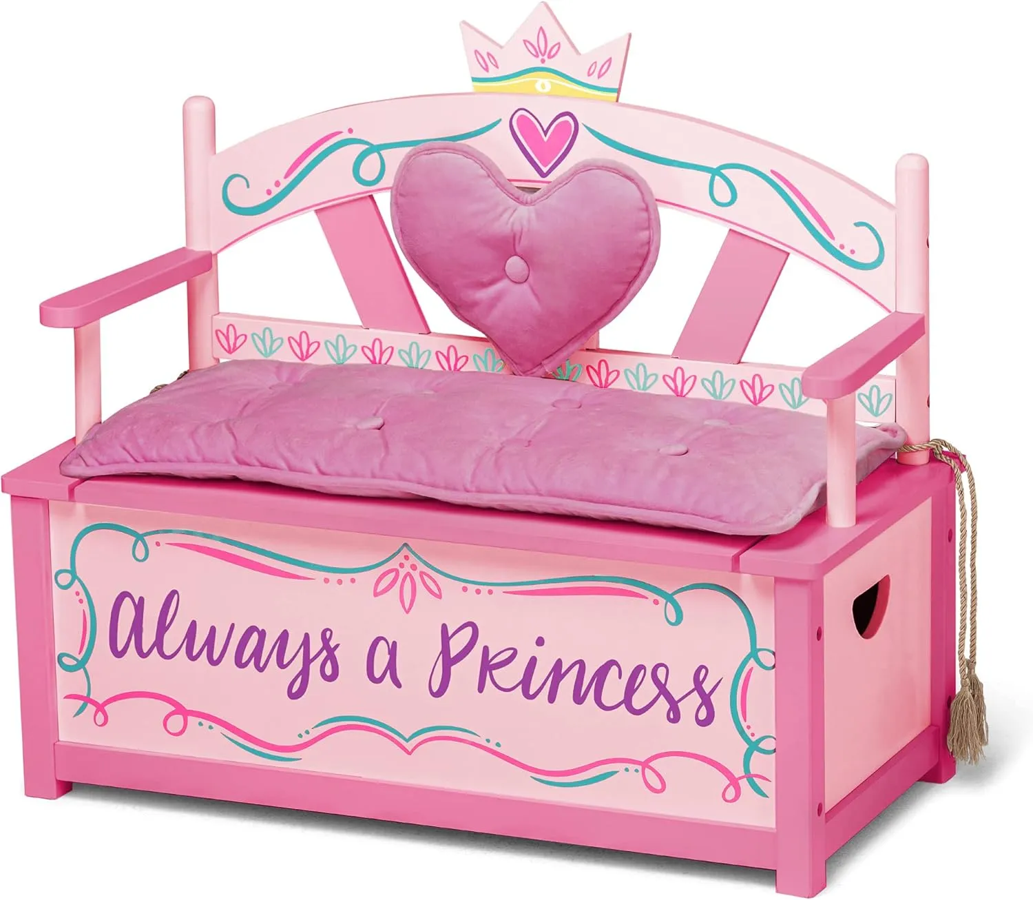 Wildkin Kids Princess Wooden Storage Bench – Toy Box Seat for Girls with Safety Hinge, Padded Backrest & Cushion, Handles - Pink