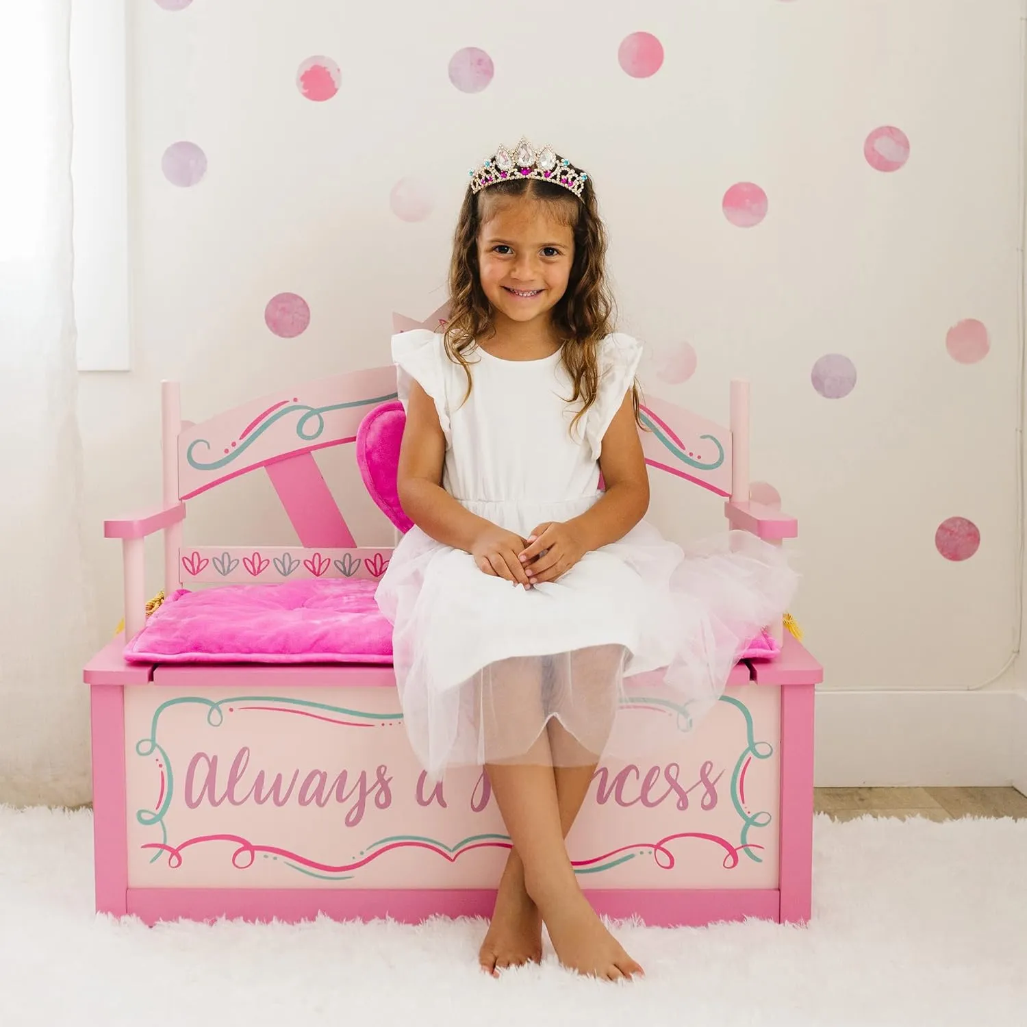 Wildkin Kids Princess Wooden Storage Bench – Toy Box Seat for Girls with Safety Hinge, Padded Backrest & Cushion, Handles - Pink