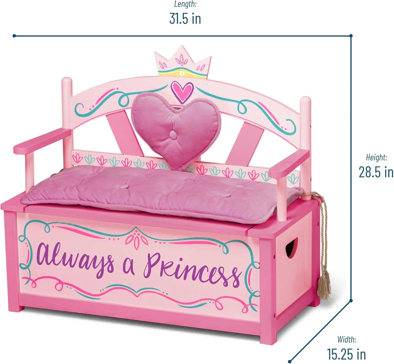Wildkin Kids Princess Wooden Storage Bench – Toy Box Seat for Girls with Safety Hinge, Padded Backrest & Cushion, Handles - Pink
