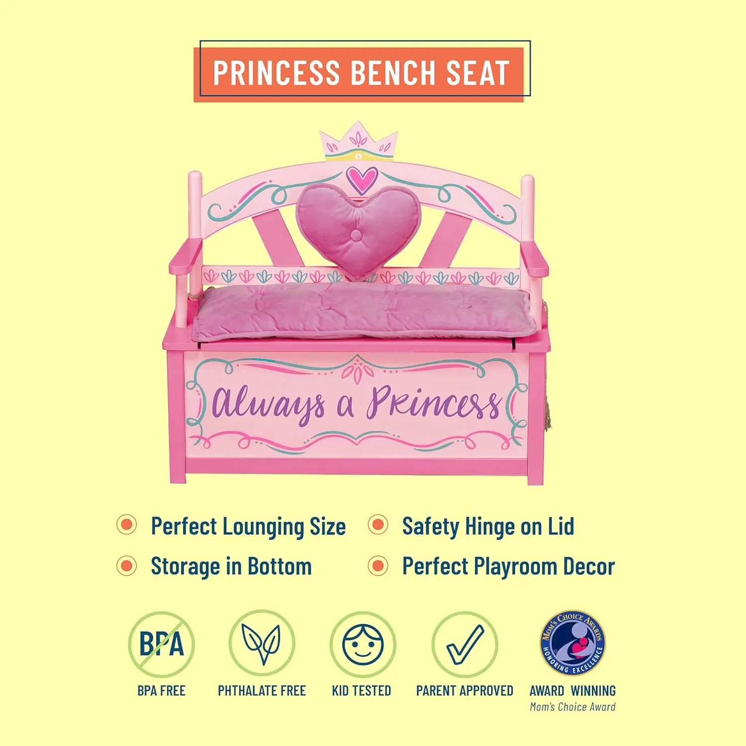 Wildkin Kids Princess Wooden Storage Bench – Toy Box Seat for Girls with Safety Hinge, Padded Backrest & Cushion, Handles - Pink