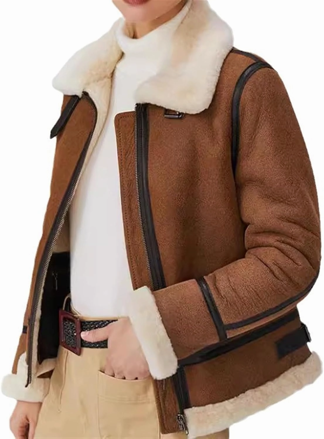 Winter Women Faux Leather Jacket, Winter Shearling Aviator Leather Coat Outerwear with Faux Fur Collar