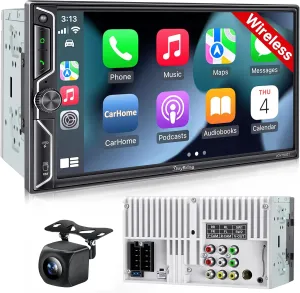 Wireless Double Din Car Radio with Apple CarPlay & Android Auto, 240W Powerful Sound, 4.2-CHN Audio Output, Bluetooth, 7'' QLED Touchscreen, Backup Camera, FM/AM Car Stereo