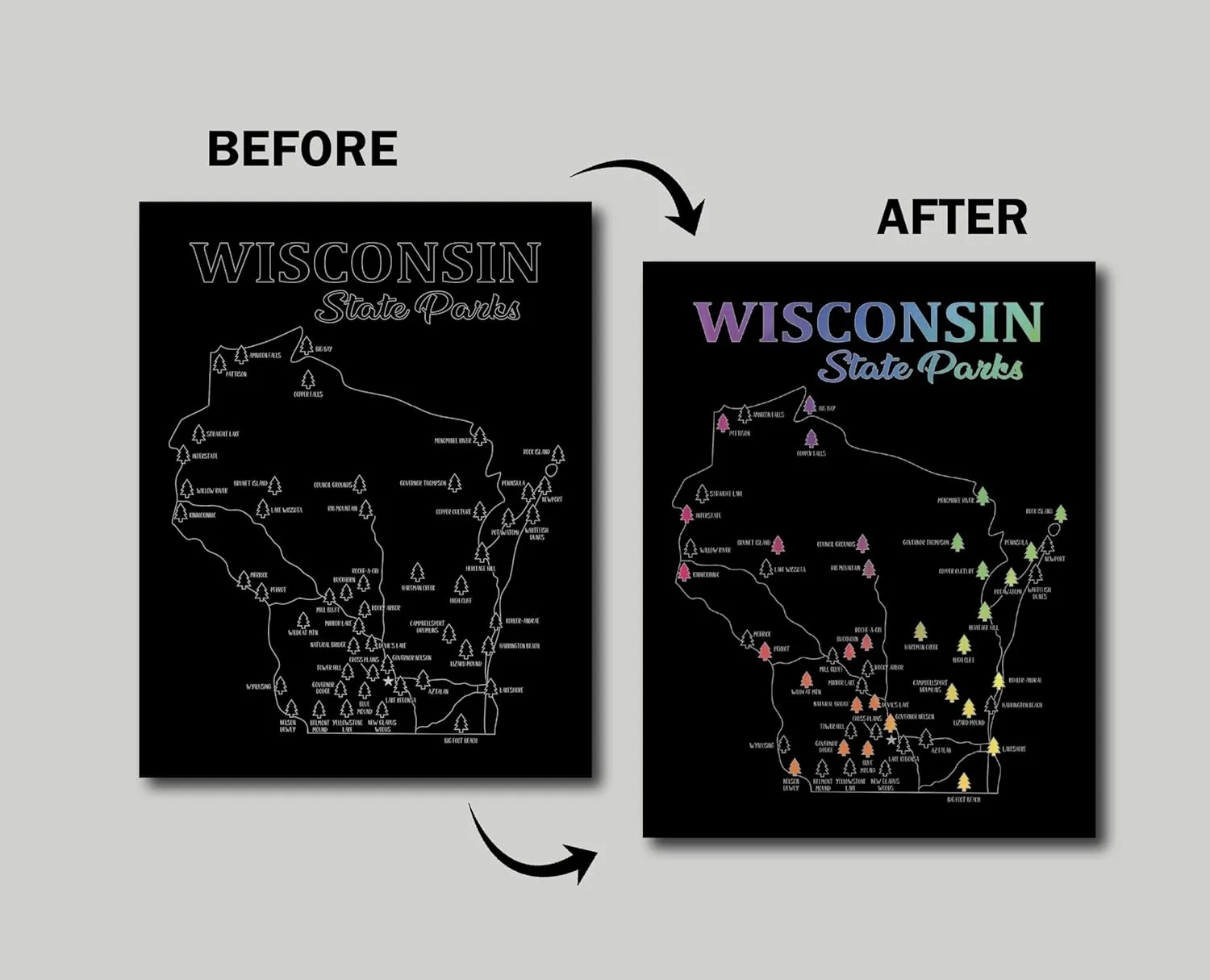 Wisconsin State Parks Scratch Off Map, 11x14 Wisconsin Poster, Bucket List, State Park Tracker, Scratch Art Color Reveal (Black)