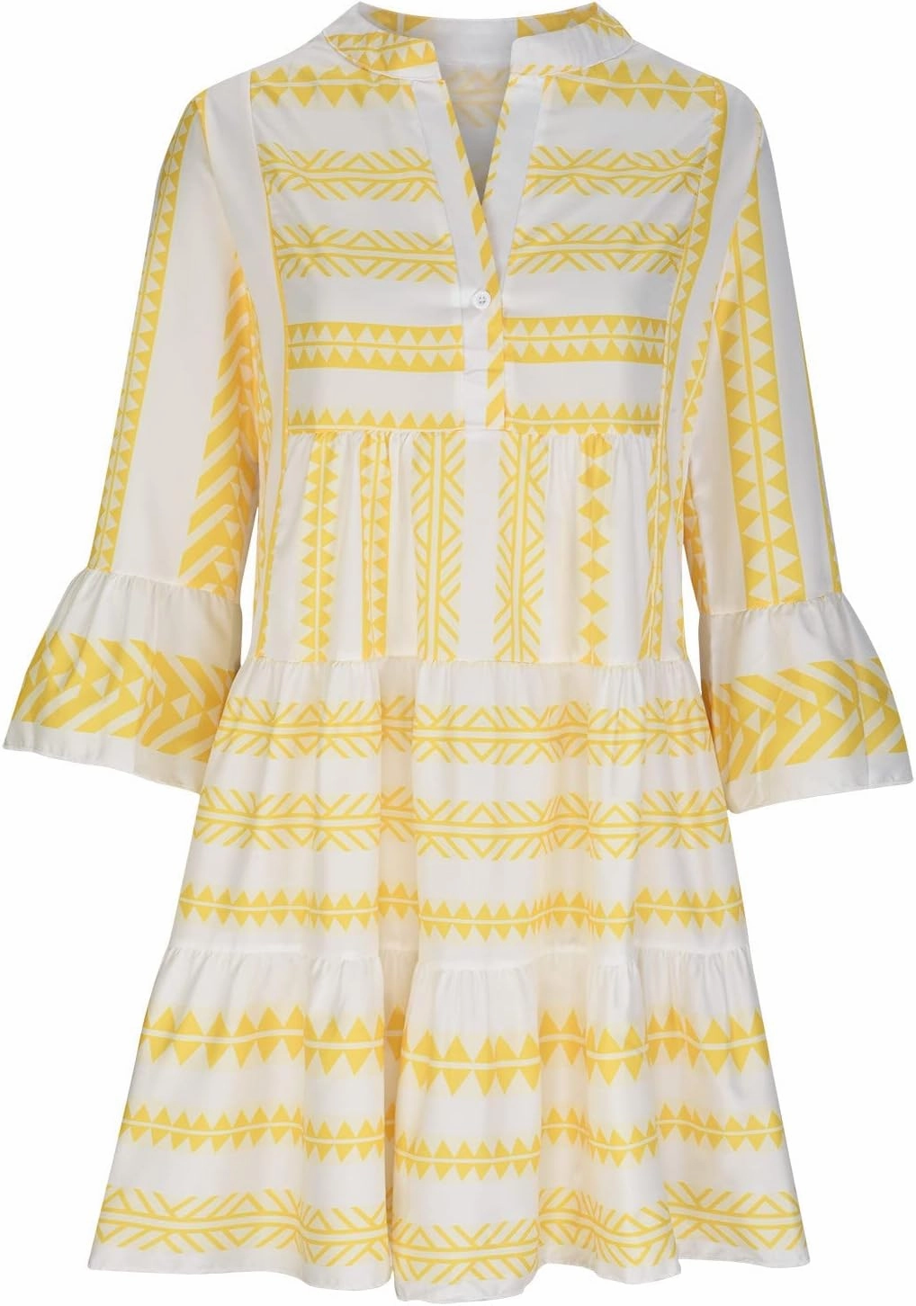 Womens Summer Casual V-Neck 3/4 Sleeve Sundress Boho Print Hawaiian Beach Dress Flowy Swing Vacation Mini Dress