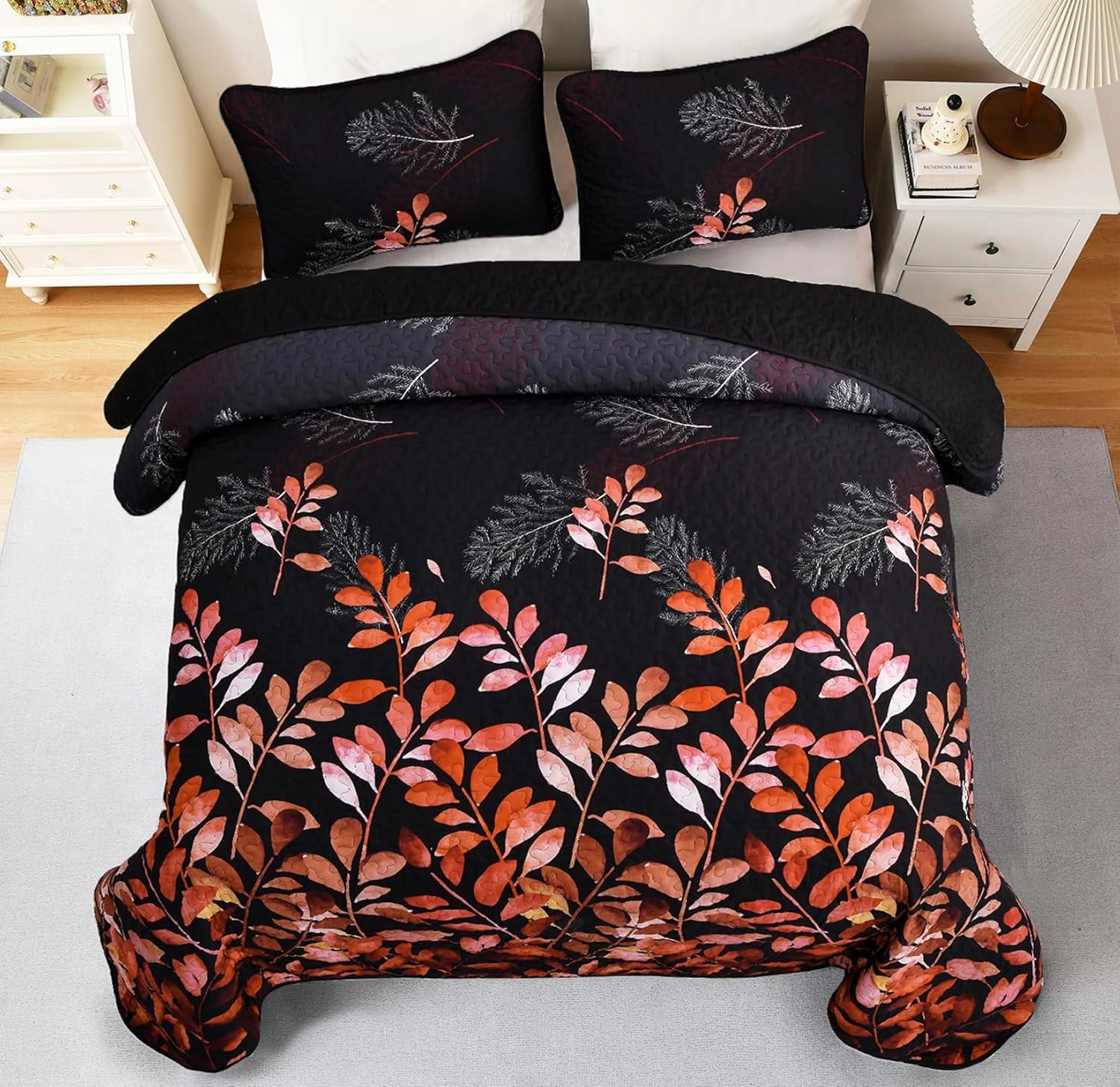 WONGS BEDDING Black Quilt Set King Size,3 Pieces Red Gradient Floral Bedspread Coverlet Set with 2 Pillowcases,Soft Microfiber Lightweight Floral Bedding Set 104"×90"