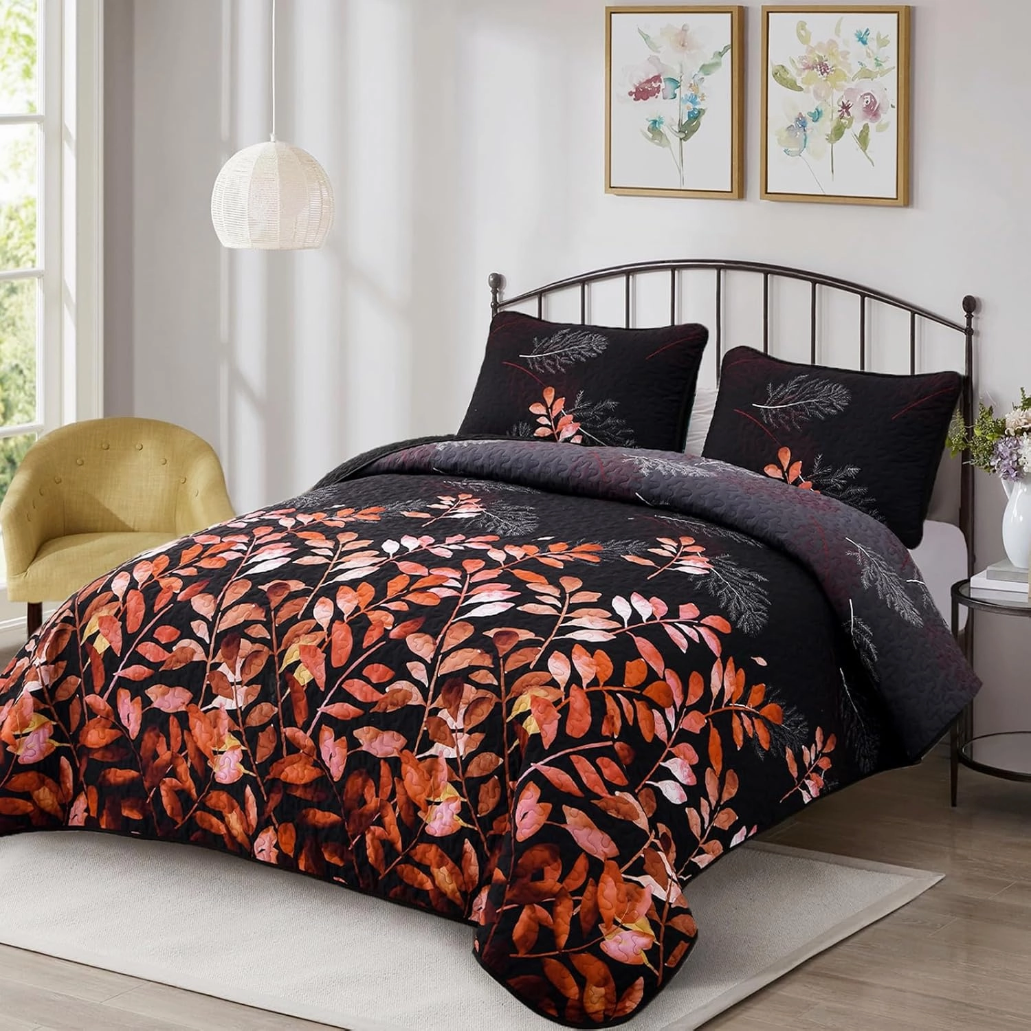 WONGS BEDDING Black Quilt Set King Size,3 Pieces Red Gradient Floral Bedspread Coverlet Set with 2 Pillowcases,Soft Microfiber Lightweight Floral Bedding Set 104"×90"