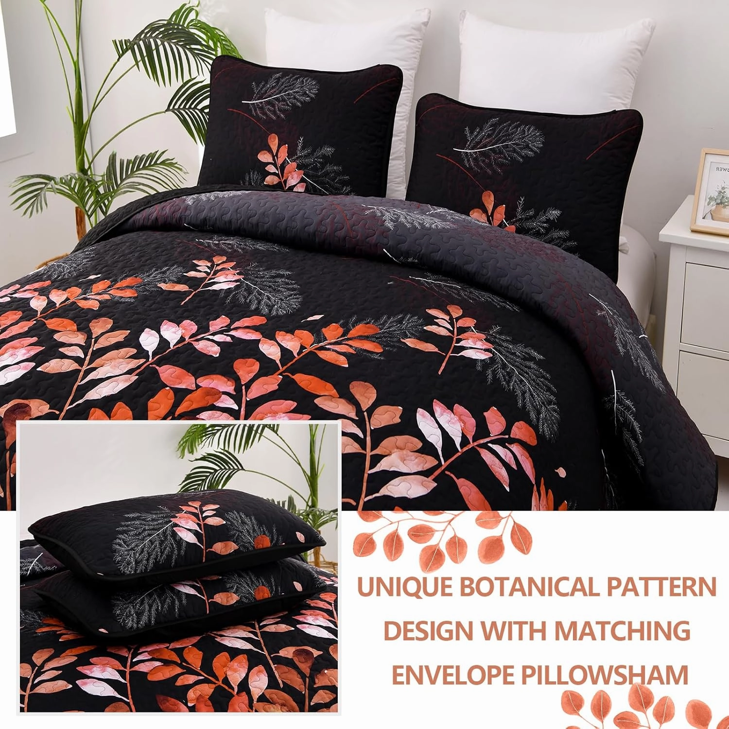 WONGS BEDDING Black Quilt Set King Size,3 Pieces Red Gradient Floral Bedspread Coverlet Set with 2 Pillowcases,Soft Microfiber Lightweight Floral Bedding Set 104"×90"
