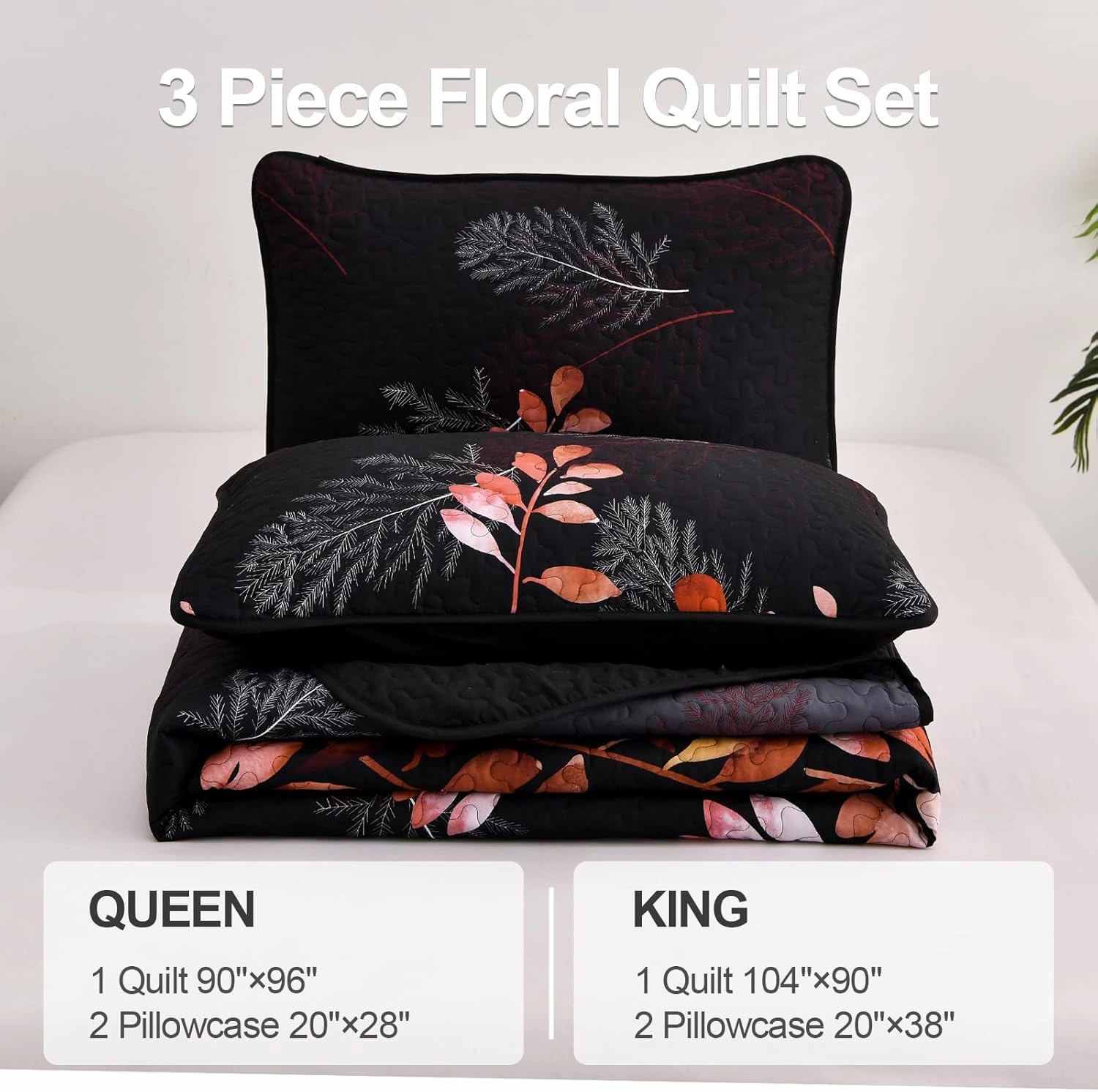 WONGS BEDDING Black Quilt Set King Size,3 Pieces Red Gradient Floral Bedspread Coverlet Set with 2 Pillowcases,Soft Microfiber Lightweight Floral Bedding Set 104"×90"