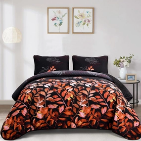 WONGS BEDDING Black Quilt Set King Size,3 Pieces Red Gradient Floral Bedspread Coverlet Set with 2 Pillowcases,Soft Microfiber Lightweight Floral Bedding Set 104"×90"