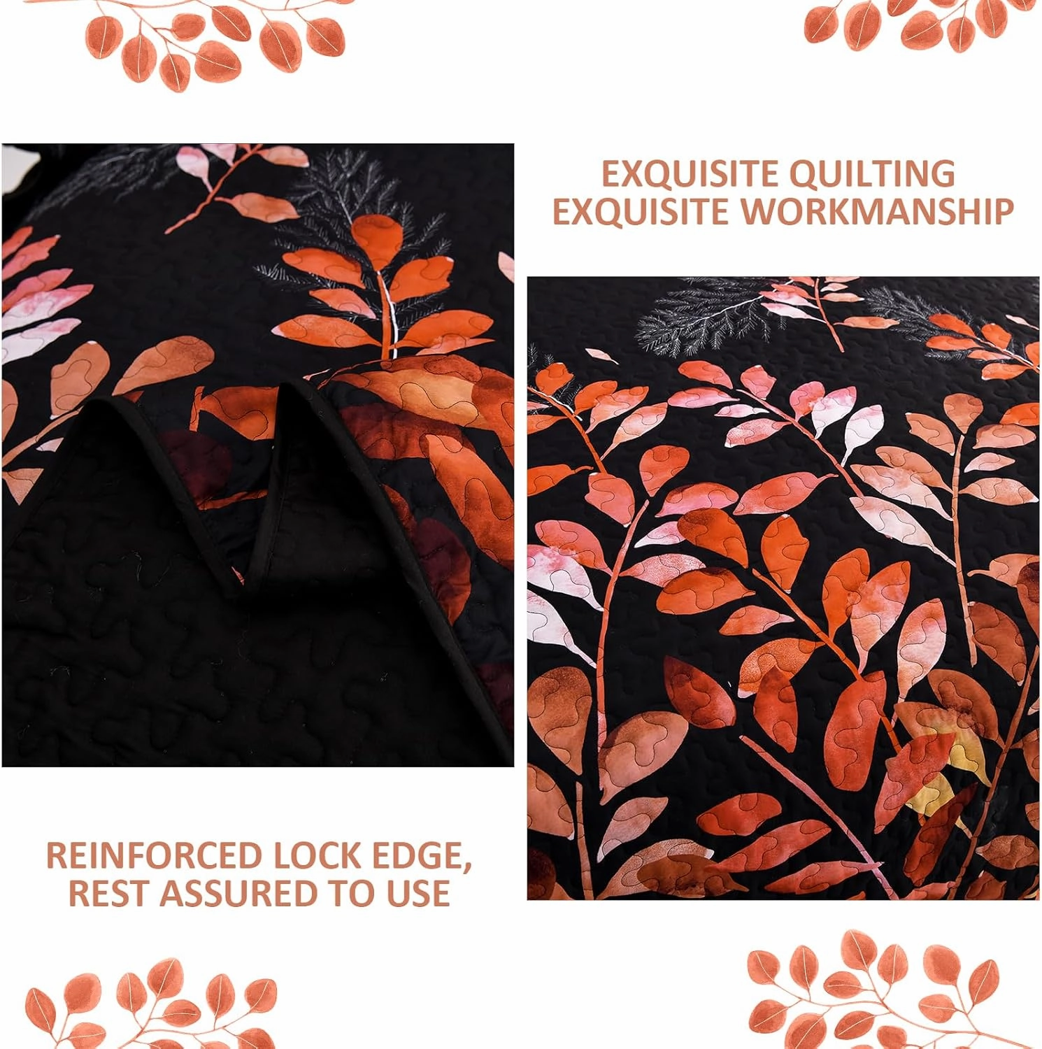 WONGS BEDDING Black Quilt Set King Size,3 Pieces Red Gradient Floral Bedspread Coverlet Set with 2 Pillowcases,Soft Microfiber Lightweight Floral Bedding Set 104"×90"