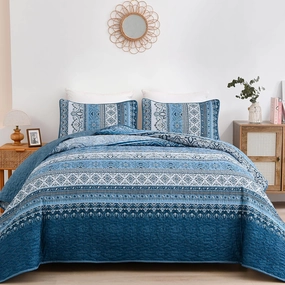 WONGS BEDDING Blue Quilt Set King Size, Boho Stripe 3 Pieces Quilts Bedspread Set Bohemian Lightweight Microfiber All Season Bedding Coverlet Set for King Bed (104"x90")