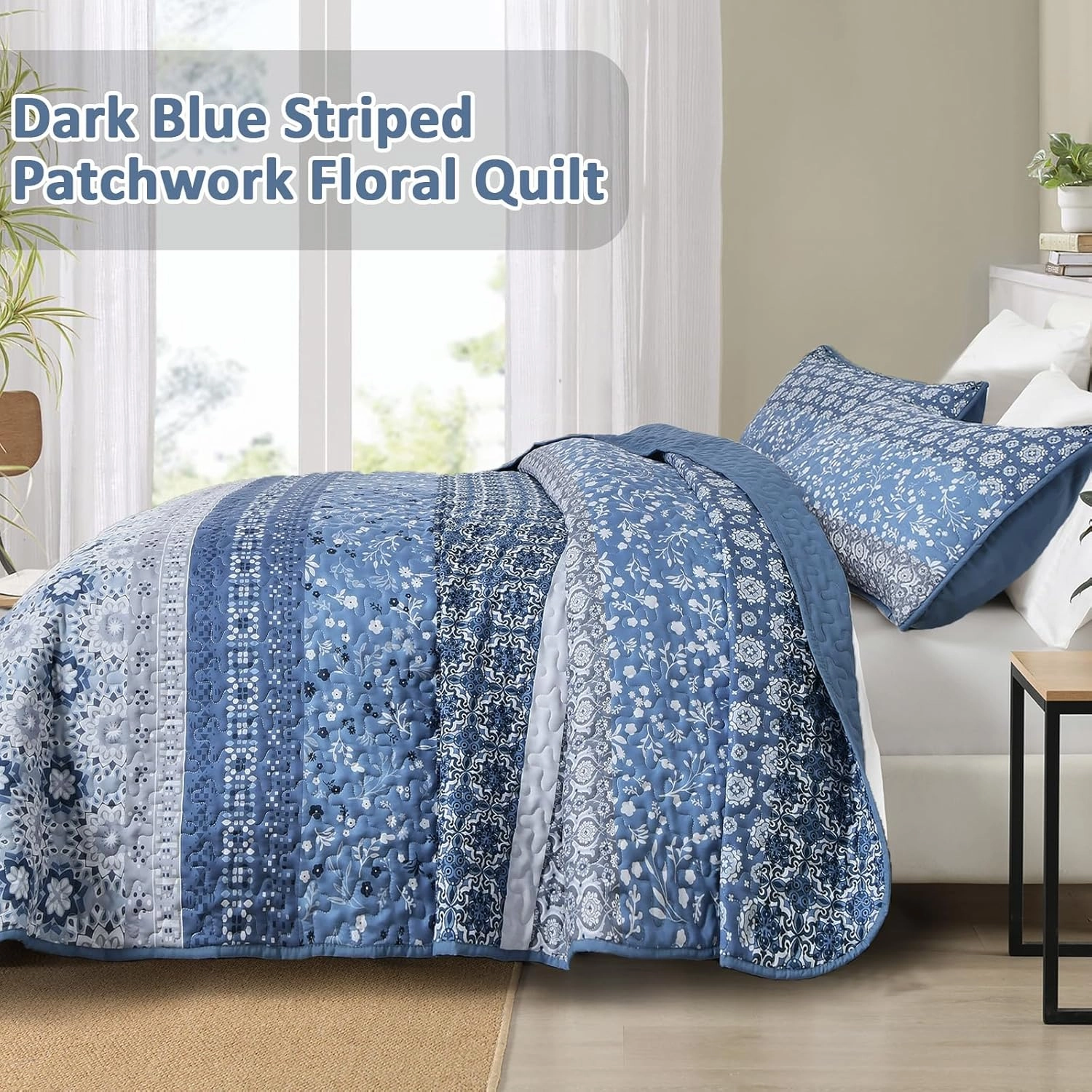 WONGS BEDDING Boho Quilt Set King, Blue Bohemian Striped Patchwork Bedspread Coverlet Set with 2 Pillowcases,Lightweight Microfiber Floral Bedding Set 104"×90"