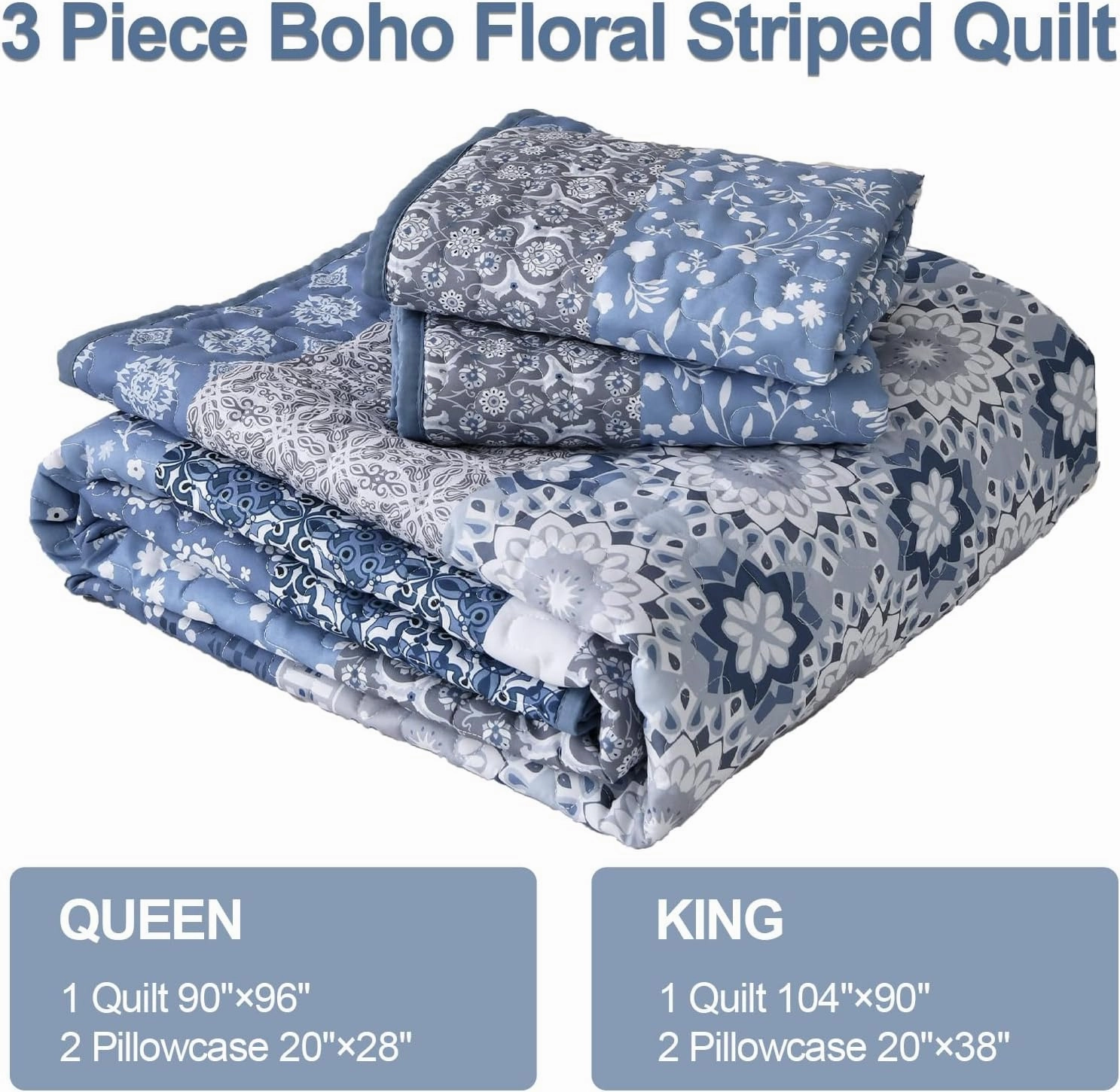WONGS BEDDING Boho Quilt Set King, Blue Bohemian Striped Patchwork Bedspread Coverlet Set with 2 Pillowcases,Lightweight Microfiber Floral Bedding Set 104"×90"
