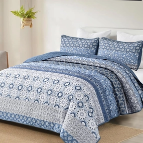 WONGS BEDDING Boho Quilt Set King, Blue Bohemian Striped Patchwork Bedspread Coverlet Set with 2 Pillowcases,Lightweight Microfiber Floral Bedding Set 104"×90"