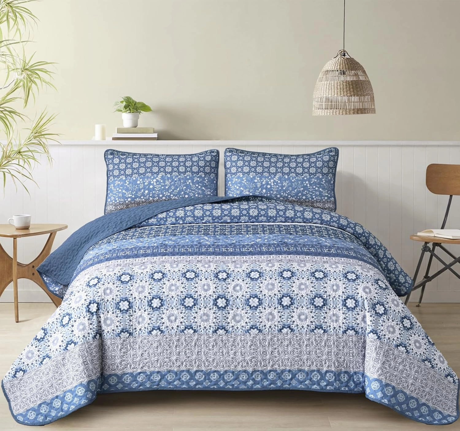 WONGS BEDDING Boho Quilt Set King, Blue Bohemian Striped Patchwork Bedspread Coverlet Set with 2 Pillowcases,Lightweight Microfiber Floral Bedding Set 104"×90"