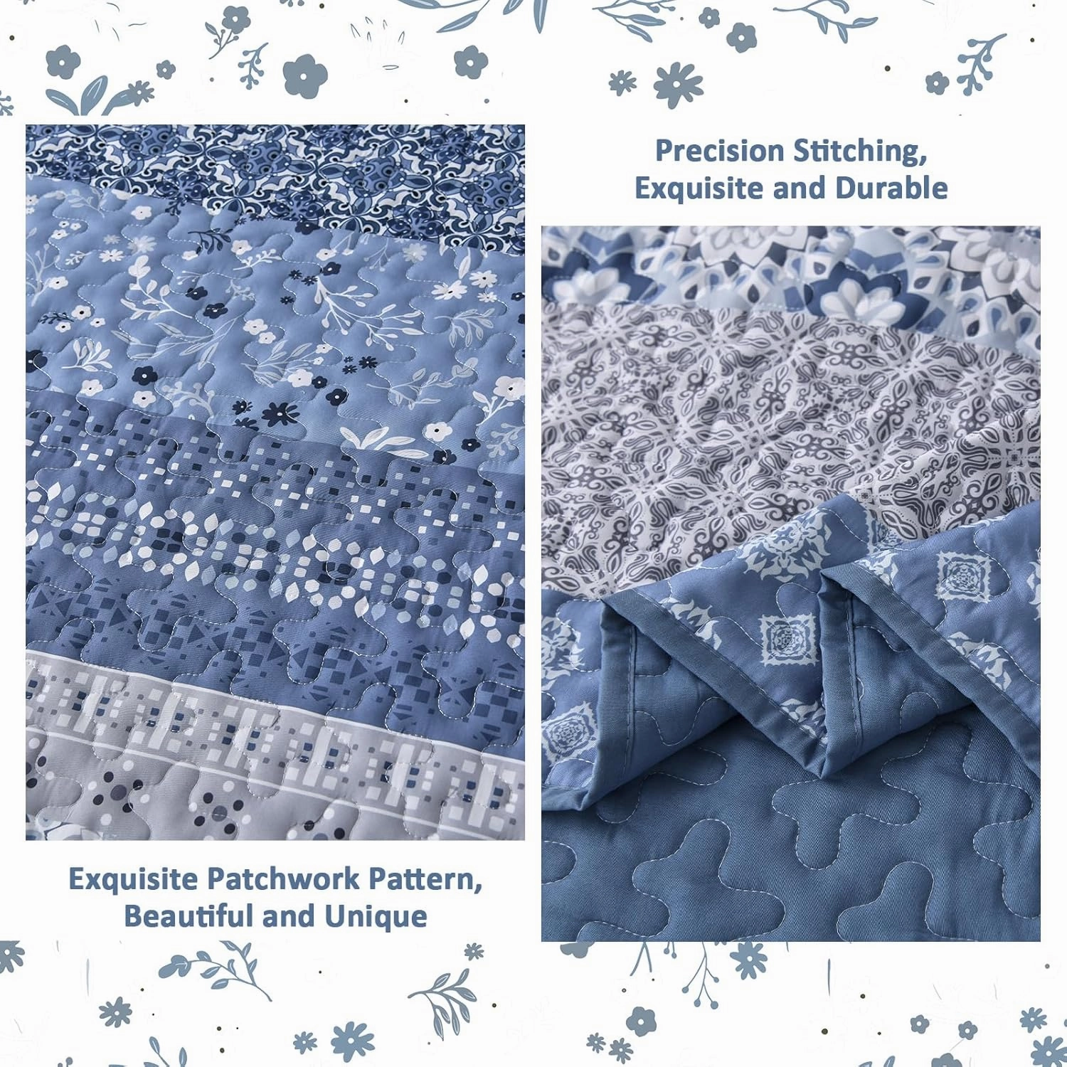 WONGS BEDDING Boho Quilt Set King, Blue Bohemian Striped Patchwork Bedspread Coverlet Set with 2 Pillowcases,Lightweight Microfiber Floral Bedding Set 104"×90"