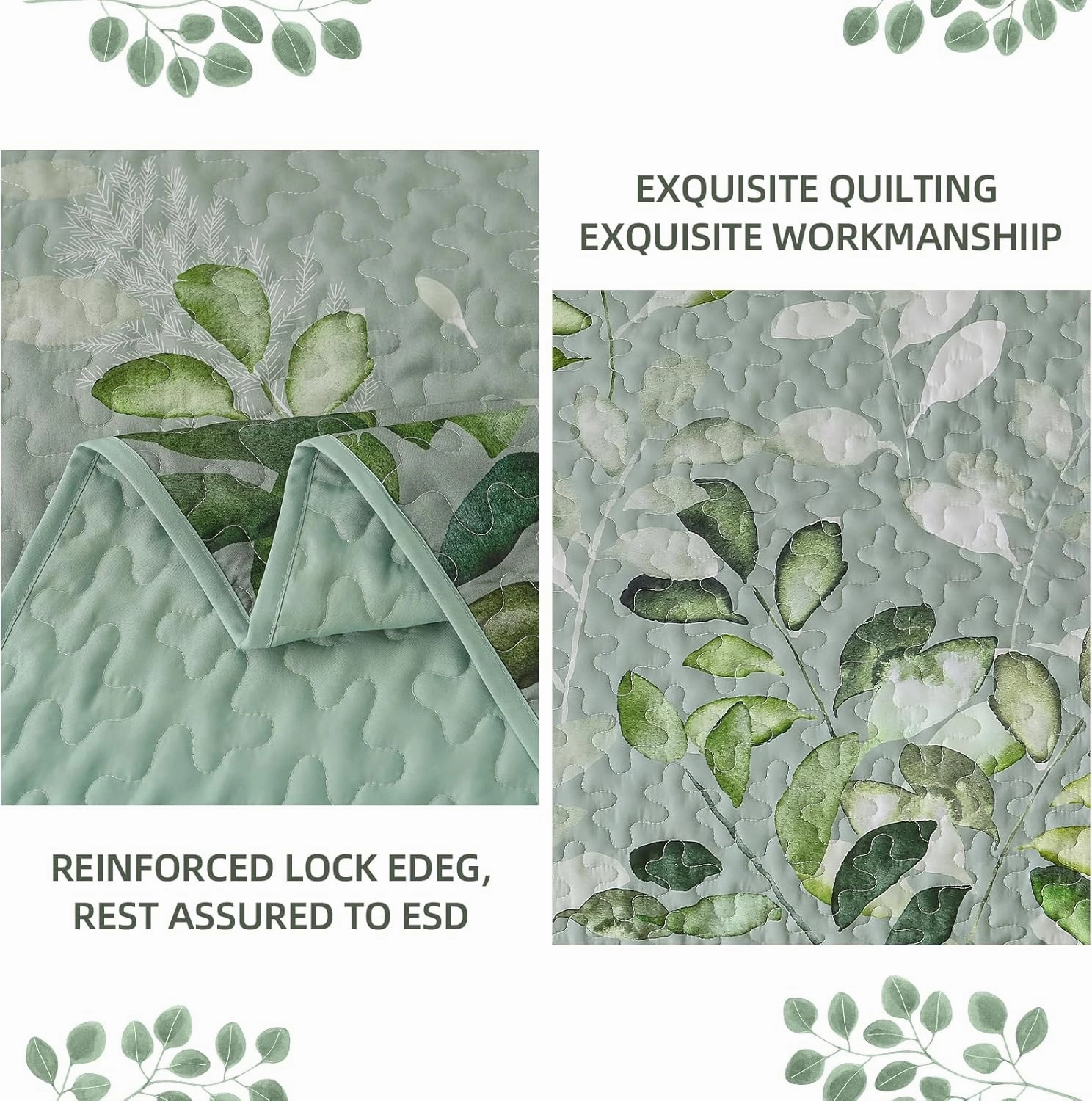 WONGS BEDDING Green Quilt Set Queen Size,3 Pieces Green Floral Bedspread Coverlet Set, Soft Microfiber Lightweight Floral Bedding Set Queen 96"×90"