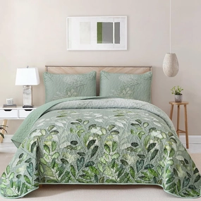 WONGS BEDDING Green Quilt Set Queen Size,3 Pieces Green Floral Bedspread Coverlet Set, Soft Microfiber Lightweight Floral Bedding Set Queen 96"×90"