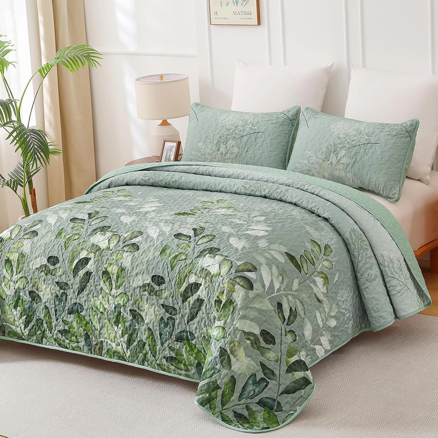 WONGS BEDDING Green Quilt Set Queen Size,3 Pieces Green Floral Bedspread Coverlet Set, Soft Microfiber Lightweight Floral Bedding Set Queen 96"×90"