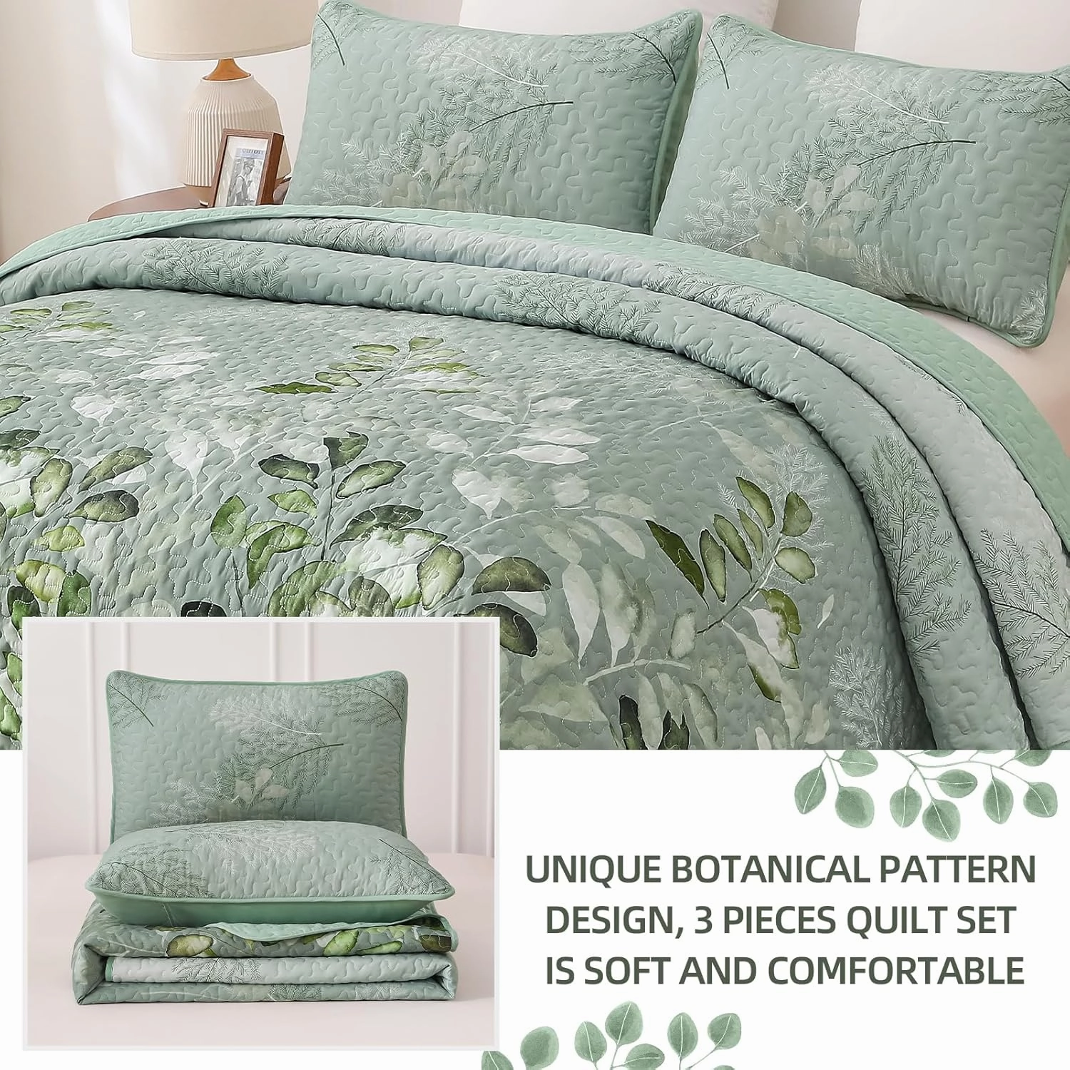 WONGS BEDDING Green Quilt Set Queen Size,3 Pieces Green Floral Bedspread Coverlet Set, Soft Microfiber Lightweight Floral Bedding Set Queen 96"×90"