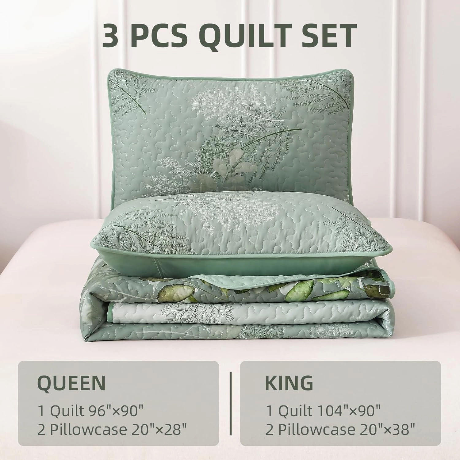 WONGS BEDDING Green Quilt Set Queen Size,3 Pieces Green Floral Bedspread Coverlet Set, Soft Microfiber Lightweight Floral Bedding Set Queen 96"×90"