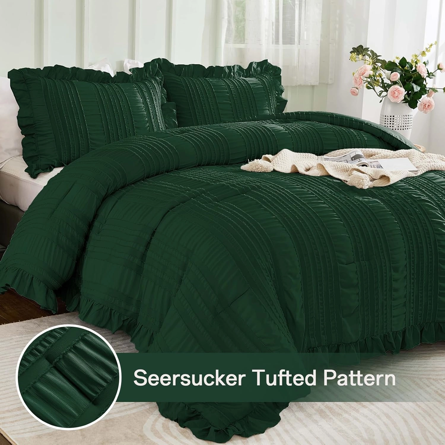 WONGS BEDDING Queen Size Comforter,Emerald Green Boho Comforter Set Queen,Shabby Chic Bedding Set for Bed, 3 Pieces Soft Lightweight Farmhouse Comforter for All Season 90"×90"