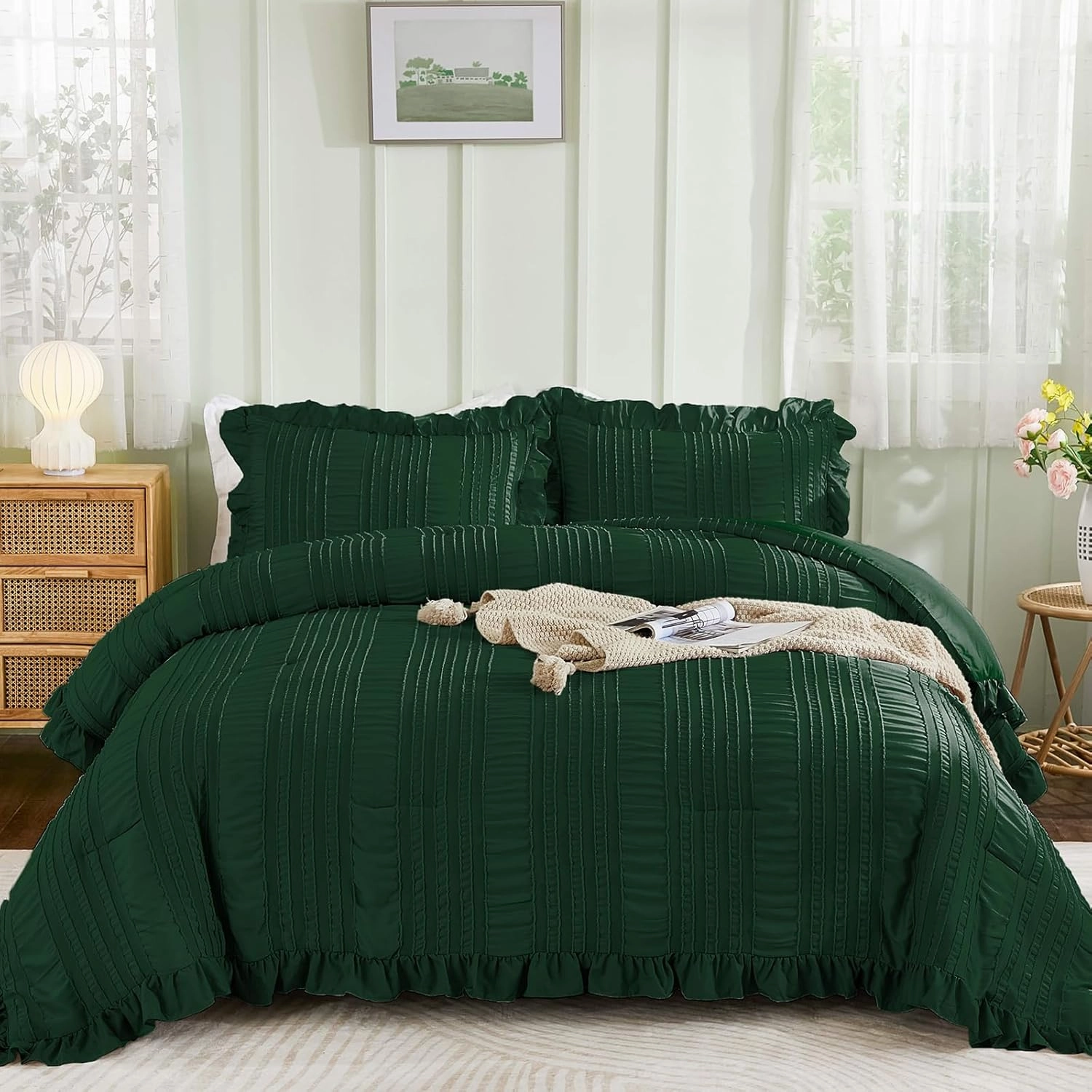 WONGS BEDDING Queen Size Comforter,Emerald Green Boho Comforter Set Queen,Shabby Chic Bedding Set for Bed, 3 Pieces Soft Lightweight Farmhouse Comforter for All Season 90"×90"