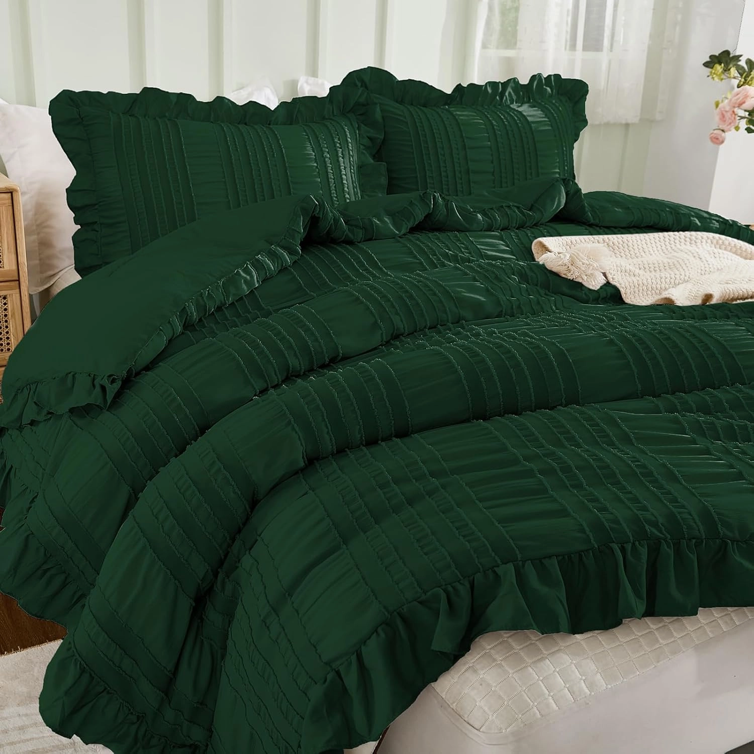 WONGS BEDDING Queen Size Comforter,Emerald Green Boho Comforter Set Queen,Shabby Chic Bedding Set for Bed, 3 Pieces Soft Lightweight Farmhouse Comforter for All Season 90"×90"
