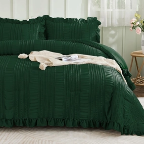 WONGS BEDDING Queen Size Comforter,Emerald Green Boho Comforter Set Queen,Shabby Chic Bedding Set for Bed, 3 Pieces Soft Lightweight Farmhouse Comforter for All Season 90"×90"