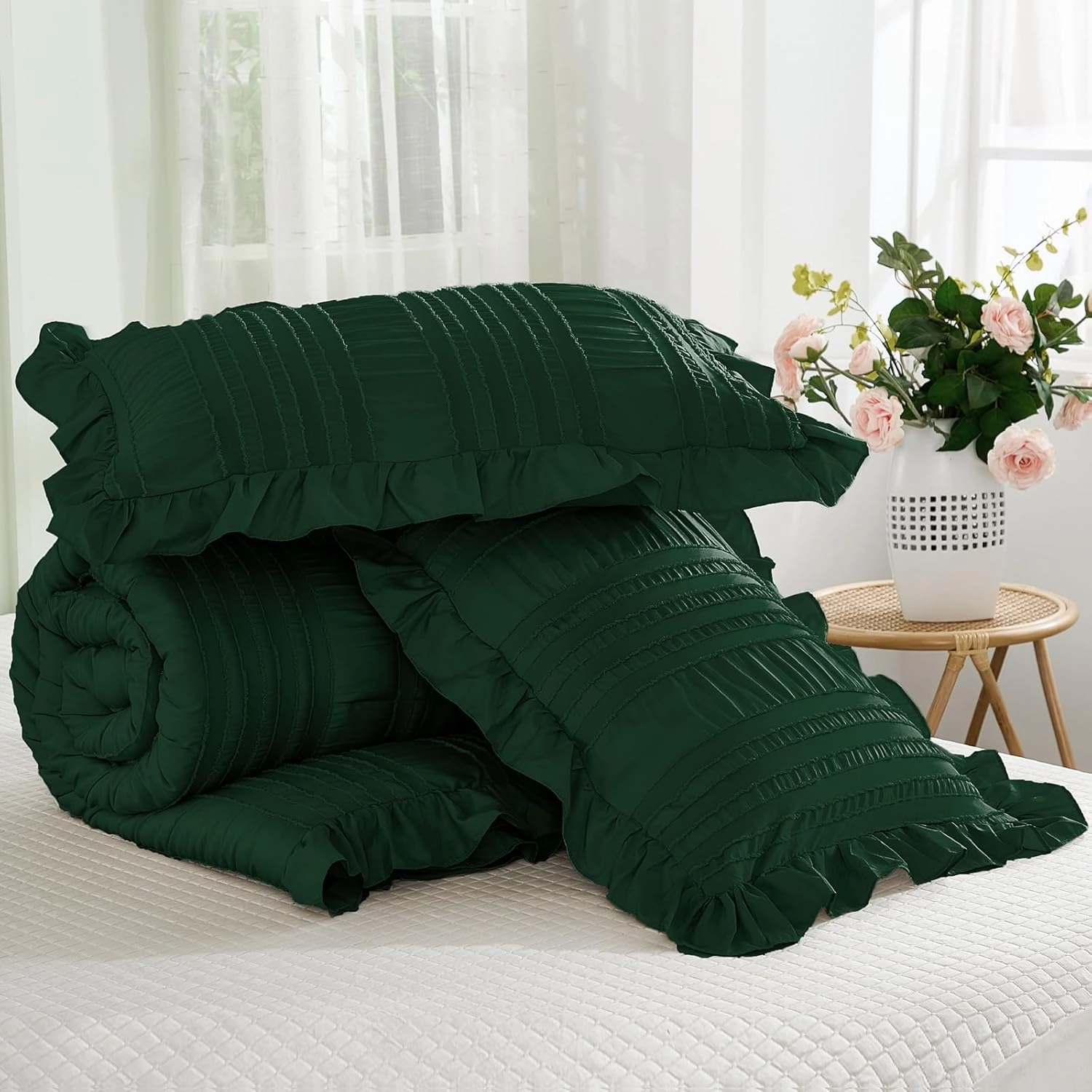 WONGS BEDDING Queen Size Comforter,Emerald Green Boho Comforter Set Queen,Shabby Chic Bedding Set for Bed, 3 Pieces Soft Lightweight Farmhouse Comforter for All Season 90"×90"