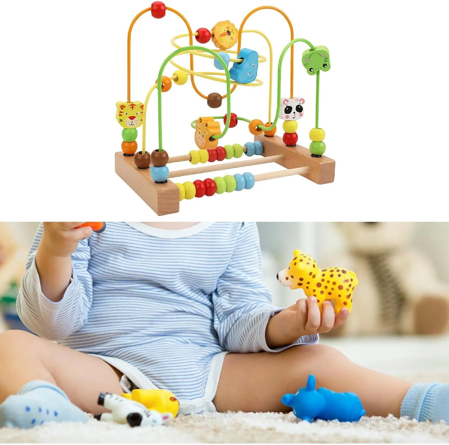 Wooden Bead Maze, Developmental Toy, Spatial Reasoning, Fruits Shapes, Grasping Ability, Beads, Roller Toy, Animal, 22.5x15x20.5cm