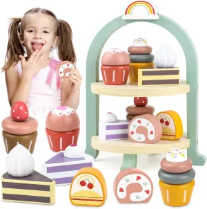 Wooden Cake Toys Tea Party Set, Desserts Food Toy with Cupcake Stand, Kids Pretend Play Kitchen Accessories, Wooden Play Food Set Toy Baking Gift for 3 4 5 Years Old Girls Boys