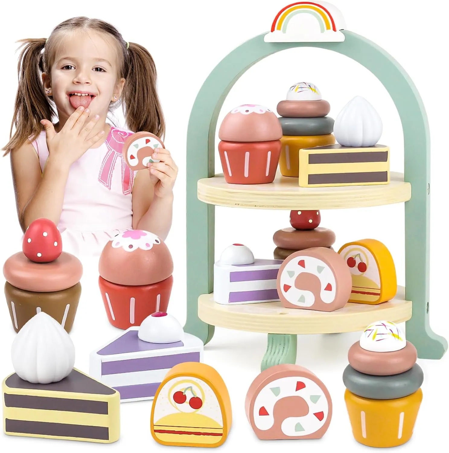 Wooden Cake Toys Tea Party Set, Desserts Food Toy with Cupcake Stand, Kids Pretend Play Kitchen Accessories, Wooden Play Food Set Toy Baking Gift for 3 4 5 Years Old Girls Boys