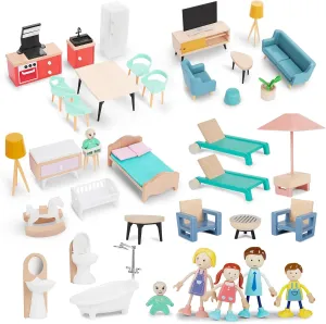 Wooden Dollhouse Furniture Set, 43 Doll House Furniture and Accessories sete with 5 Family Dolls, Miniature Doll House Furniture Toys Pretend Play Gift for Girls Boys