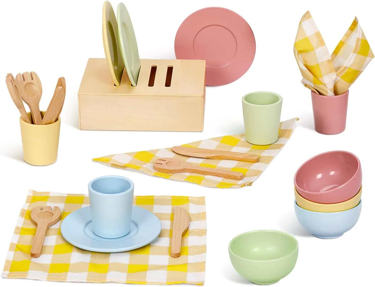 Wooden Play Dishes and Plates for Kids Kitchen Set, 25 PCS Wooden Play Kitchen Accessories, Pretend Montessori Kids Pots and Pans Playset for 3  Toddlers