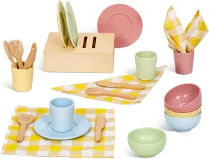 Wooden Play Dishes and Plates for Kids Kitchen Set, 25 PCS Wooden Play Kitchen Accessories, Pretend Montessori Kids Pots and Pans Playset for 3  Toddlers