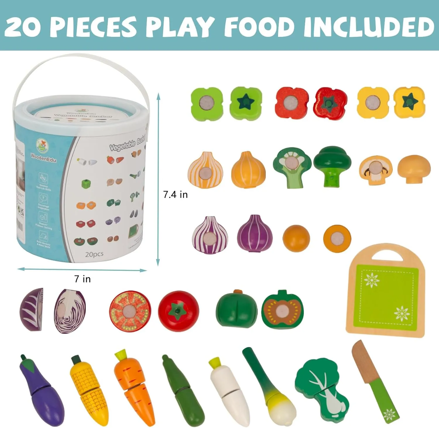 Wooden Play Food for Kids Kitchen, 38PCS Cutting Fruits Toys for Toddlers Pretend Vegetables Gift for Boys Girls Educational Toys (Vegetable Bucket)