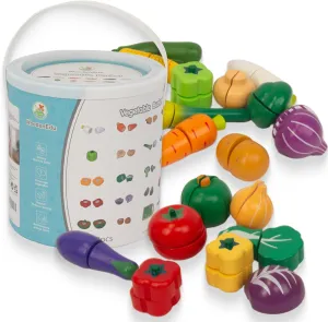 Wooden Play Food for Kids Kitchen, 38PCS Cutting Fruits Toys for Toddlers Pretend Vegetables Gift for Boys Girls Educational Toys (Vegetable Bucket)