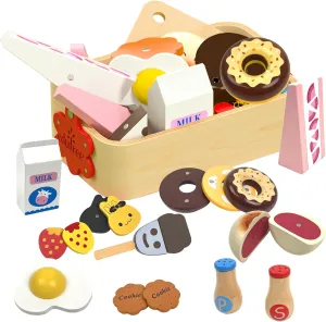 Wooden Play Food Set for Kids Kitchen, Pretend Cutting Breakfast Cake Set with Board & Wood Storage Basket, Play Fake PlaySets Montessori Toys for 2  Years Old Toddlers 3 4 5