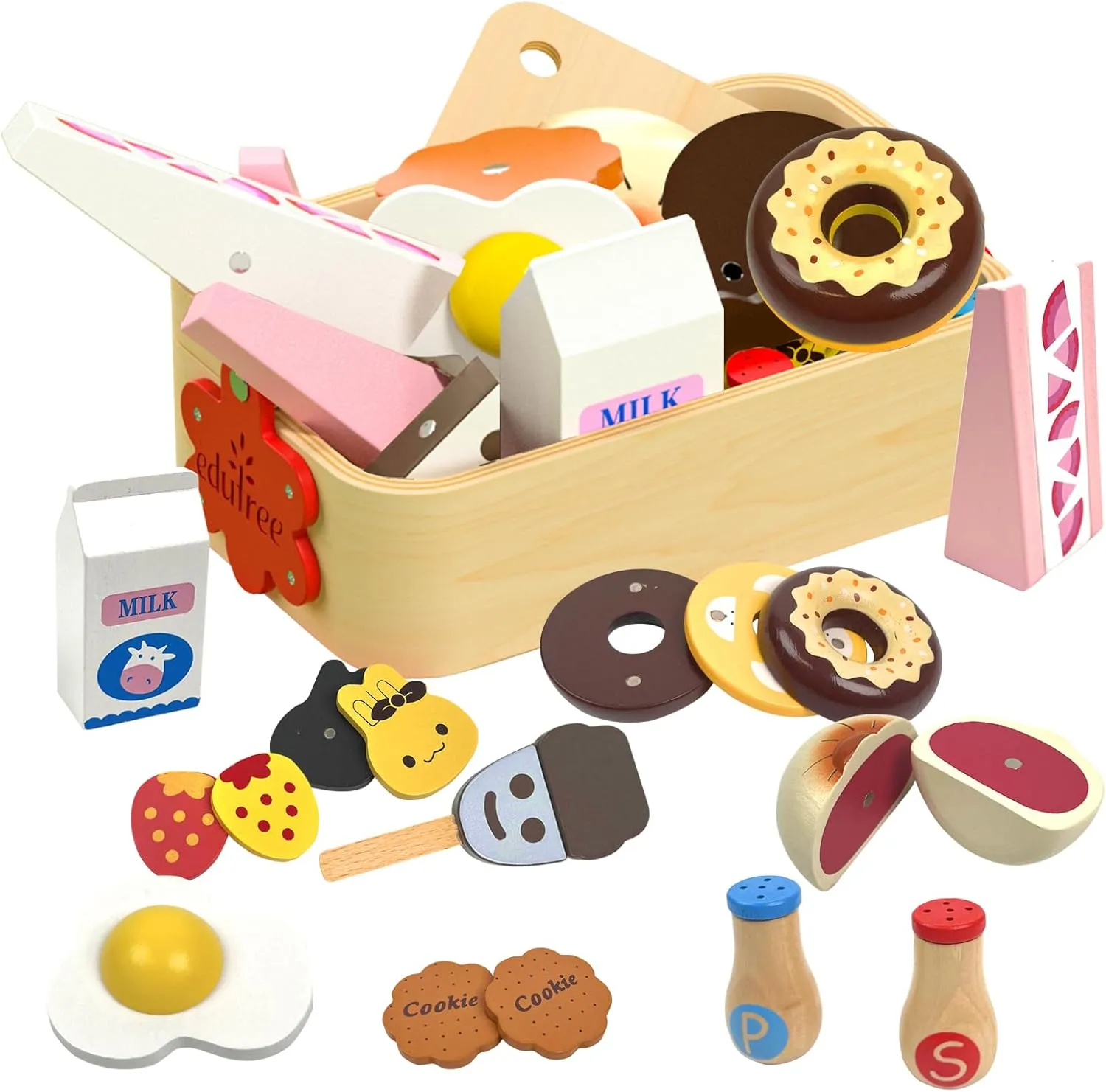 Wooden Play Food Set for Kids Kitchen, Pretend Cutting Breakfast Cake Set with Board & Wood Storage Basket, Play Fake PlaySets Montessori Toys for 2  Years Old Toddlers 3 4 5