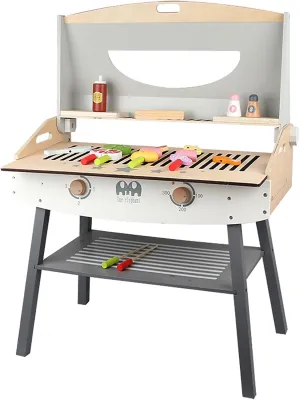Wooden Pretend Barbecue Grill Play Set, Play Kitchen Set Cooking Gift for Girls and Boys - Best for 3 4 5 Year Old Kids