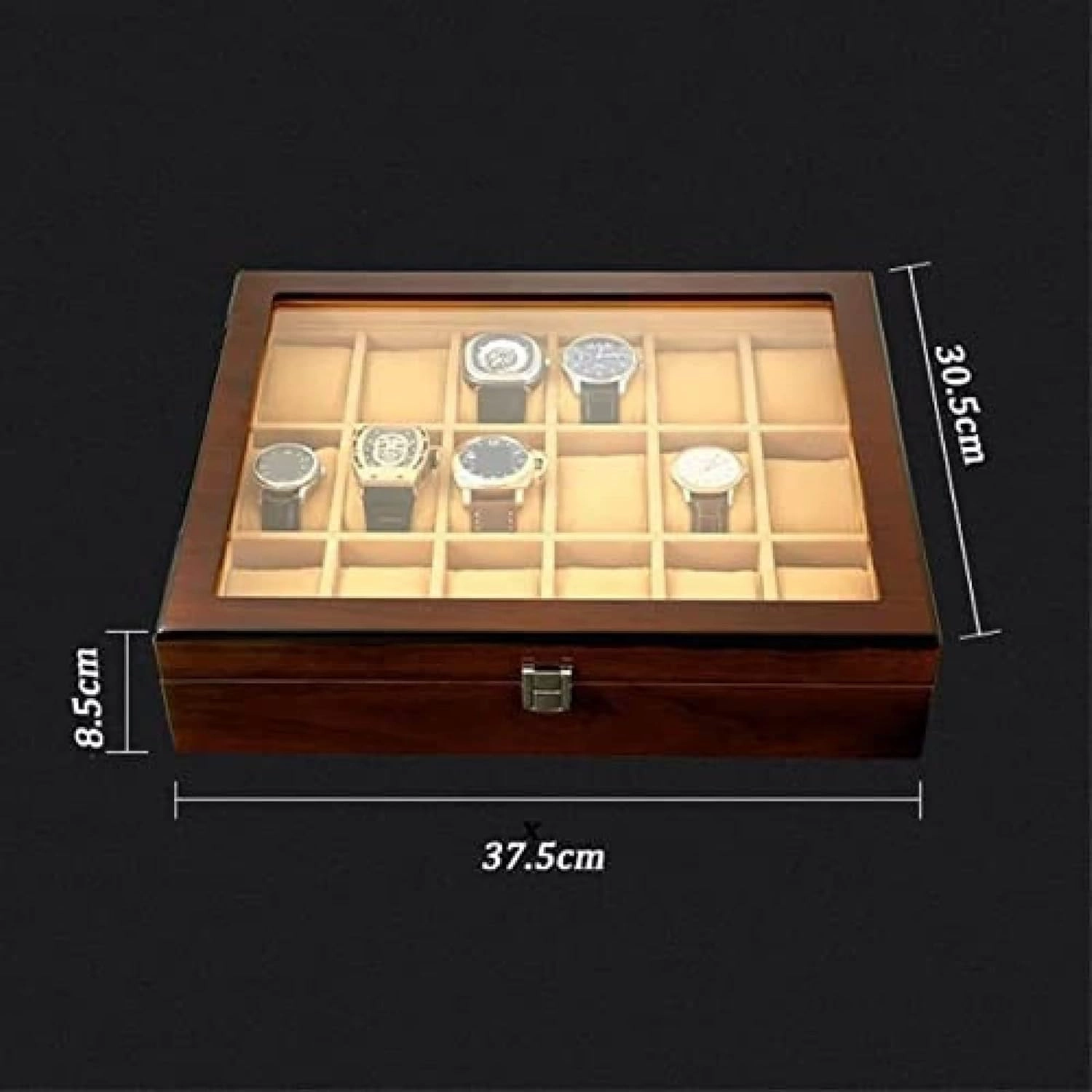 Wooden Watch Box with Transparent Glass Top Cover 18-Piece Watch Storage Box Lockable Jewelry Case,B,37.5X8.5X30.5cm