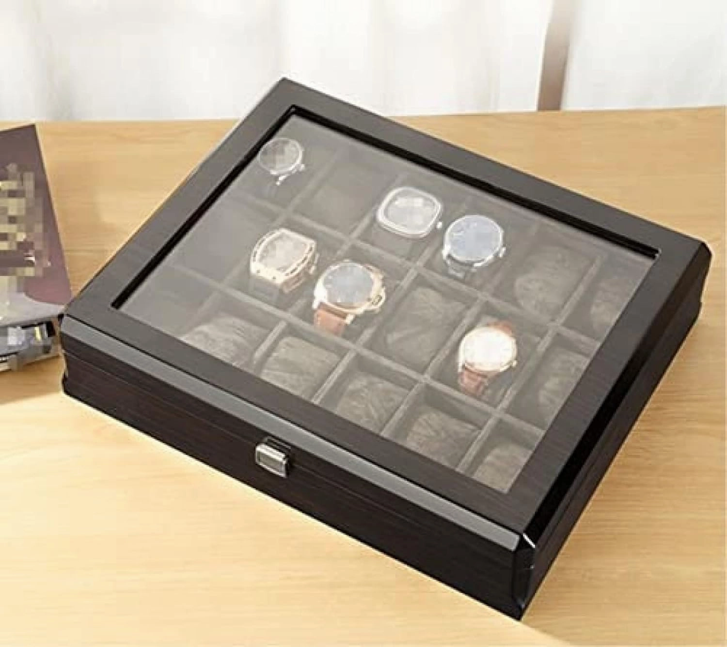 Wooden Watch Box with Transparent Glass Top Cover 18-Piece Watch Storage Box Lockable Jewelry Case,B,37.5X8.5X30.5cm