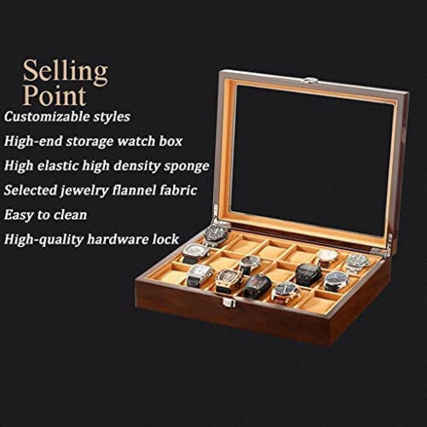Wooden Watch Box with Transparent Glass Top Cover 18-Piece Watch Storage Box Lockable Jewelry Case,B,37.5X8.5X30.5cm
