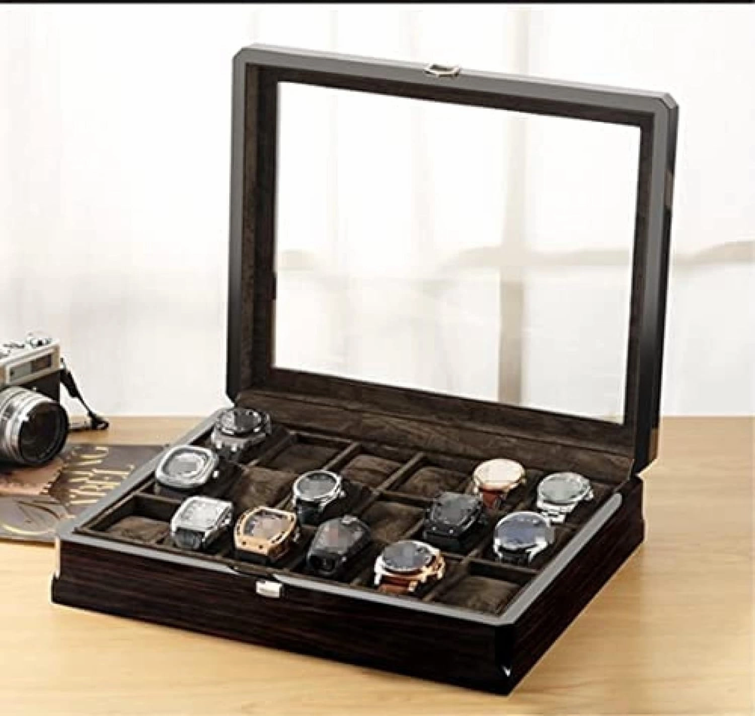 Wooden Watch Box with Transparent Glass Top Cover 18-Piece Watch Storage Box Lockable Jewelry Case,B,37.5X8.5X30.5cm