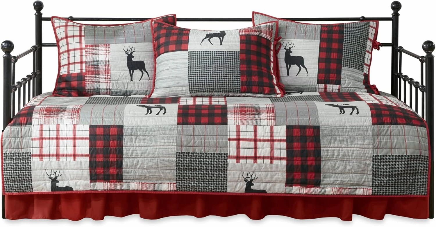 Woolrich Daybed Cover Set - Cabin Lifestyle, Patchwork with Moose Design All Season, Lightweight and Breathable Cozy Bedding Layer with Bedskirt, Matching Shams, 39" W x 75" L, Woodshed Red 5 Piece